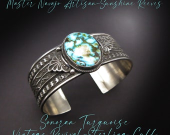 Award Winning Navajo Artisan-SUNSHINE REEVES- Sonoran Turquoise-Vintage Revival 7/8" Width Sterling Cuff-For 6-3/4" Wrist