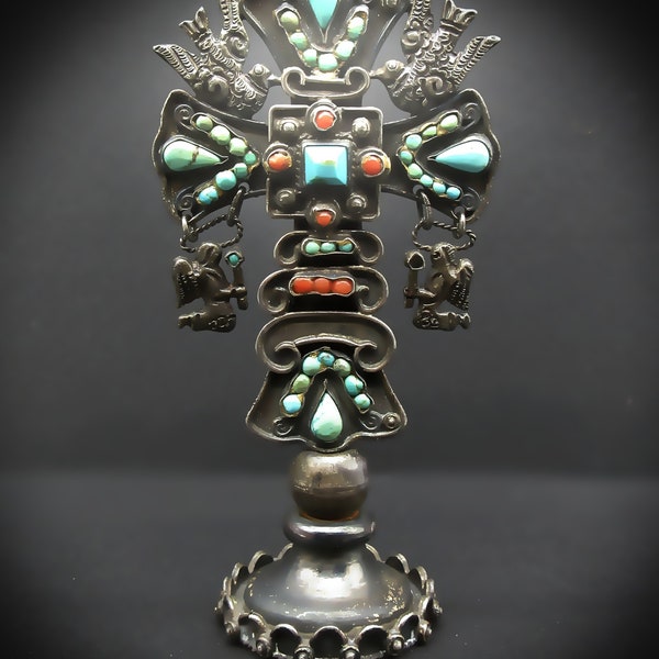 Very Old/Rare/Collectible! Circa: 1930's-40's-MATILDE POULAT(Matl)-Kneeling Angels-Turquoise/Coral-Religious-Devotional Art Cross Stand-4"