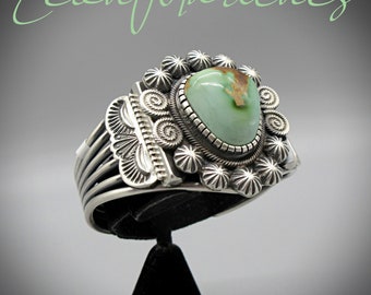 Navajo Artisan-"LEON MARTINEZ-Gorgeous Mint Green-Gem Quality Royston Turquoise-Navajo 925 Applique Cuff (For Larger 7" Wrist)