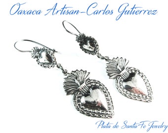 Oaxaca Artist &quot;CARLOS GUTIERREZ&quot; Double Sacred Heart- Sterling Dangle Earrings