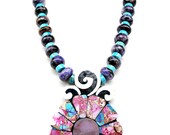 Kewa Pueblo Folk Art Artisan-MARY TAFOYA-Hand Cut and Made-Charoite Kingman Turquoise Whimsical Necklace-24 quot