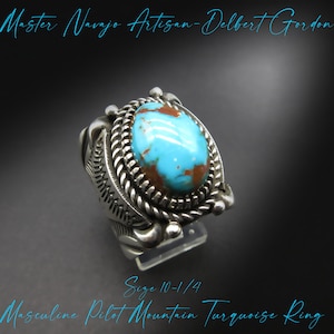 Master Navajo Artisan-DELBERT GORDON-Natural Nevada Pilot Mountain Turquoise-Traditional Navajo Man&#39;s Sterling Ring-Size 10-1/4