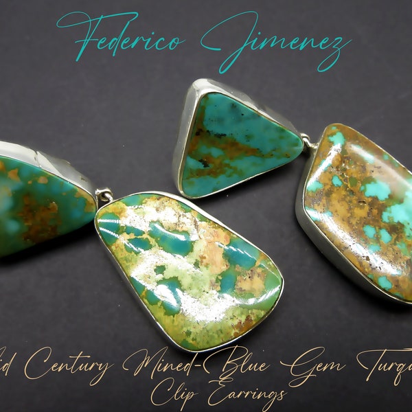 Federico Jimenez-DELECTABLE! Mid Century Mined-Natural Rare BLUE GEM Turquoise-2 Stone Drop-Clip On Earrings-2-3/4"