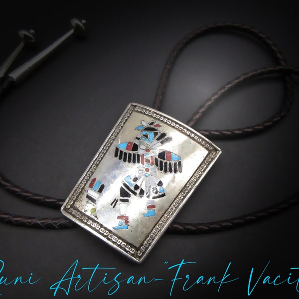 RARE- Zuni Artisan-FRANK VACIT-Circa 1950's- Mosaic Inlaid "Eagle Dancer" Sterling Bolo Tie with Bennett C31 Lock/Adjuster-36"-Book Piece!