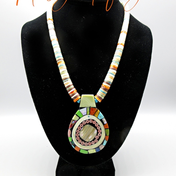 Kewa Pueblo Folk Art Artisan-MARY TAFOYA-Multi Color Mosaic Inlaid Drop-Earthy New Mexico Tones- Heishi Necklace-19"