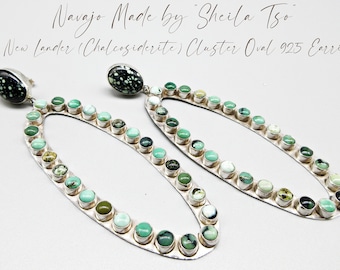 Navajo Artisan-SHEILA TSO-Long New Lander(Chalcosiderite) /Variscite Cluster-Huge Sterling Oval Earrings-4-1/4" Long!