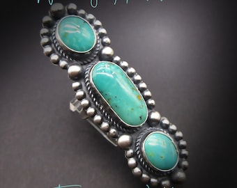 Navajo Artisan-TAWNEY WILLIE-(Ronnie Willie's Niece) 3 Stone Natural Green Nevada Fox Turquoise-Sterling Statement Ring-Size 8
