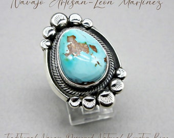 Traditional Navajo Artisan-LEON MARTINEZ-Natural Blue Royston Turquoise-Tooled Beaded Accents-Adjustable Size 5 Solitaire  Ring