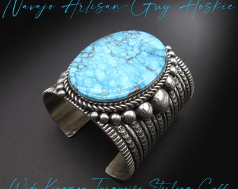 Navajo Artisan-GUY HOSKIE-Huge-Heavy-Massively Bold-Kingman Turquoise-Traditional Navajo Wide Cuff-6-3/4" Wrist-7 OZ.