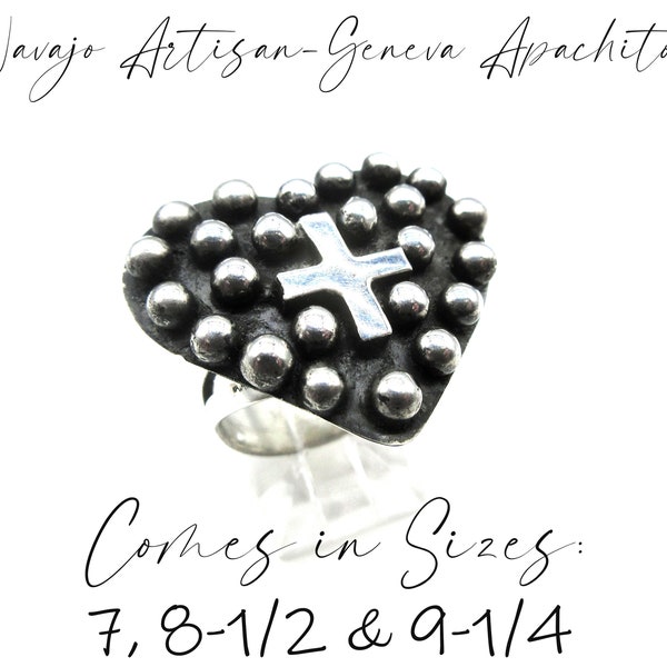 Navajo Artisan-Geneva Apachito-Hand Made-Fully Beaded "Cross Within Heart" Sterling Ring-3 Sizes Available!