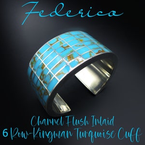 FEDERICO JIMENEZ-11 Row Hand Cut-Flush Inlaid Kingman Turquoise with Unique Golden/Yellow Matrix Color-Sterling Cuff-For Large 7&quot; Wrist