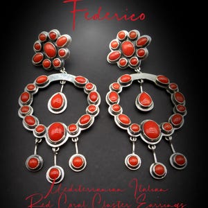 May include: A pair of silver dangle earrings with red coral stones. The earrings feature a circular design with a drop pendant. The coral stones are a vibrant red color.