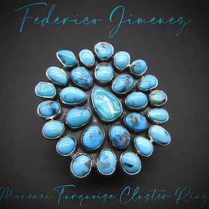 Federico Jimenez-Mid Century Mined-Top Notch-Vibrant Colored Natural Morenci Turquoise Cluster-925 Big STATEMENT Ring-Adjustable Size 8