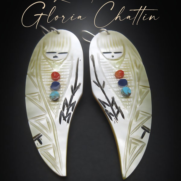 Zuni Puebloan Artist-GLORIA CHATTIN-Hand Carved Gold Lip Oyster Shell-"Sacred Corn Maiden" with Accents of Coral/Lapis/Turquoise