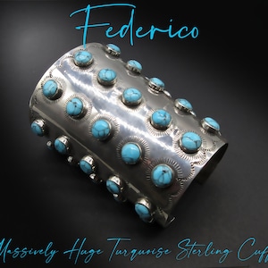 Unbelievably HUGE!-FEDERICO JIMENEZ-Warrior Style-Kingman Turquoise-Hand Tooled Tapered Sterling Cuff-4&quot; Tall!!