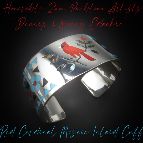 Impeccably Made-"Red Cardinal" Mosaic Inlaid Picturesque Cuff by Honorable/Long Time Zuni Master Artists-DENNIS & NANCY EDAAKIE 6-7/8" Wrist