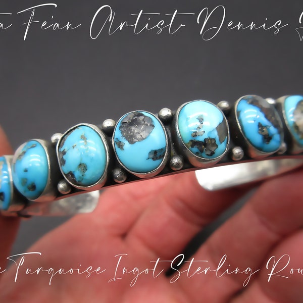 Incredibly GORGEOUS-Santa Fe'an Artist-DENNIS HOGAN-Old School Style-Hand Forged Ingot Sterling-Natural Bisbee Turquoise Row Cuff-6-3/4"