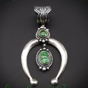 Traditional Navajo Artisan-LEON MARTINEZ-Intense PREMIUM Green Sonoran Gold Turquoise-Heavy Gauge 925 Naja Pendant with Huge 20.5 mm Bale!
