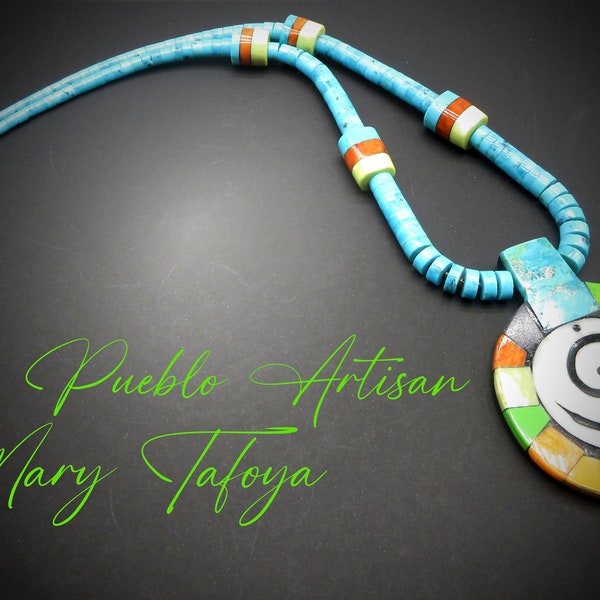 Kewa Pueblo Artist-MARY TAFOYA-Mosaic Inlay Multi Color "Circle of Life" Pendant with Sleeping Beauty Turquoise Beaded BARREL Necklace