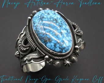 Veteran Navajo Artisan-AARON TOADLENA-PREMIUM Gem Quality Kingman Turquoise-Vintage Revival-Old School Sterling Cuff-6-1/2" Wrist