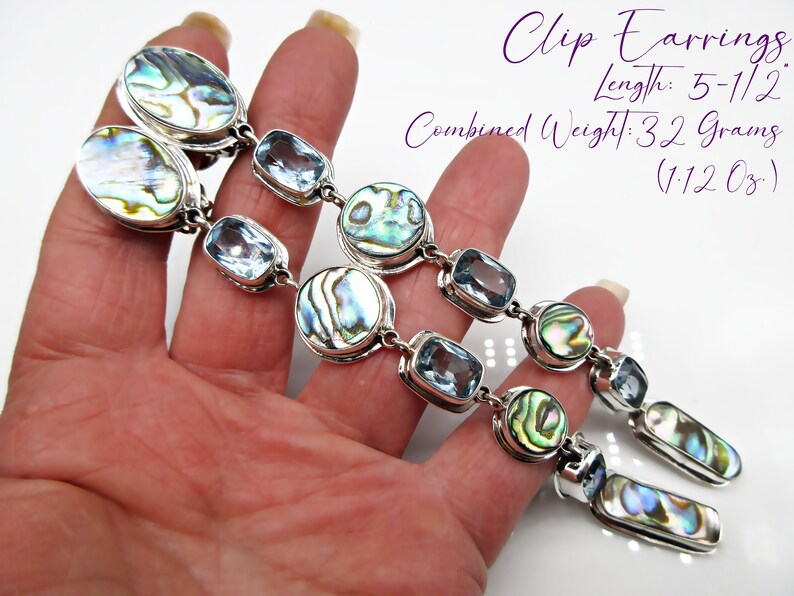 May include: A pair of clip-on earrings featuring abalone shell and blue topaz stones. The earrings are 5 1/2 inches long and weigh 32 grains (1/12 oz).