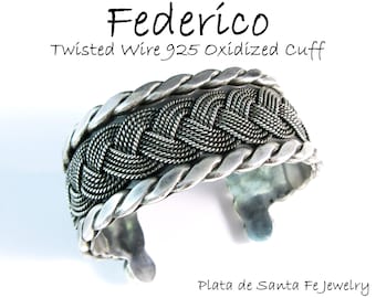 FEDERICO JIMENEZ~ Vintage Taxco Inspired ~Oxidized Twisted / Braided Wire~925 Cuff-6-3/4" Wrist
