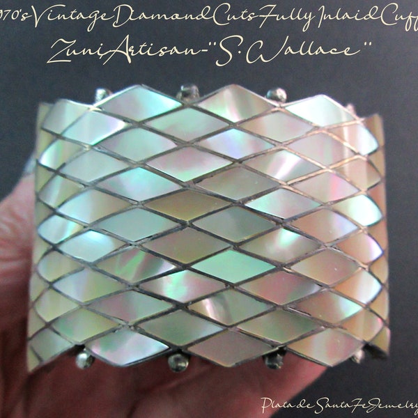Vintage 1970's Zuni -"S. WALLACE"-Exceptionally Made- Diamond Shape Inlay-Hand Cut Shell-925 Cuff-6-1/2" Wrist