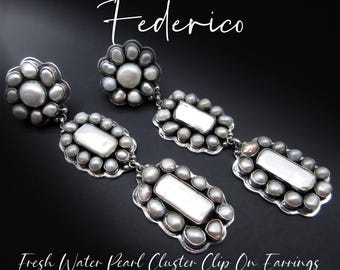 Federico Jimenez-Ultra GORGEOUS-Triple Tier-4" Long Pearl Cluster Sterling CLIP ON Earrings-High End Sophisticated Elegance !