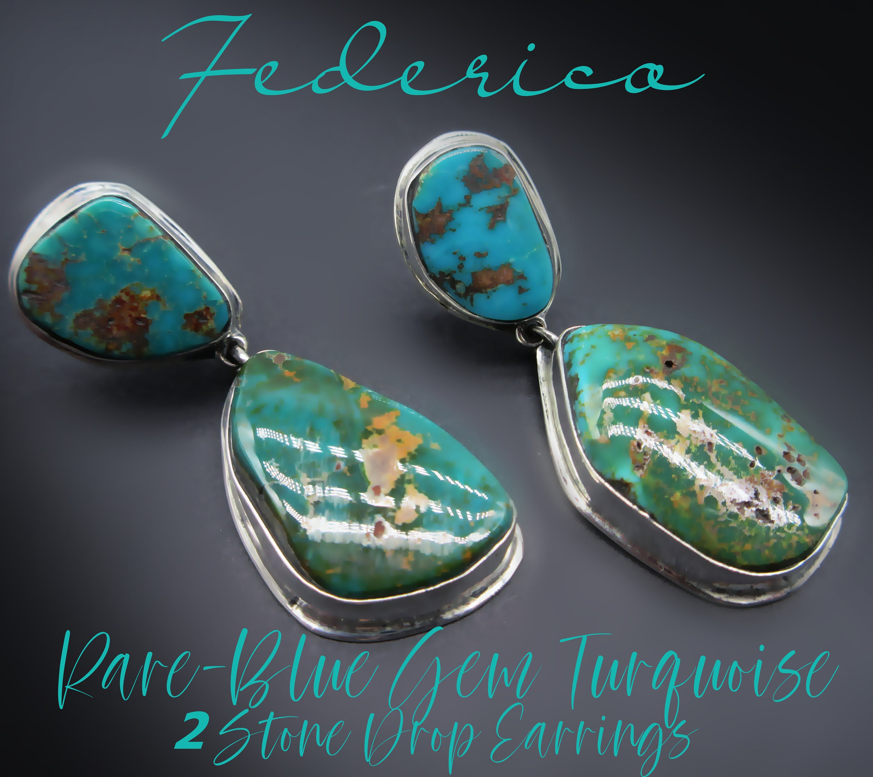 FEDERICO JIMENEZ-Natural  "Blue Gem Turquoise"- SMALL 2 Stone Drop-925 Earrings-Wearable 1-3/4"-(From Larry Cooley's Turquoise Collection)