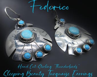 FEDERICO JIMENEZ- Wearable Southwestern Art-Free Hand Cut Sterling "THUNDERBIRD" Earrings with Sleeping Beauty Turquoise Accents-12.6 Gr.