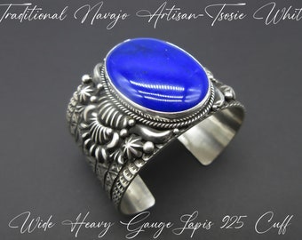 Navajo Artisan-TSOSIE WHITE-HUGE Statement Size-Heavy Gauge Lapis-Vintage Revival Sterling Cuff-For Large 6-3/4" Wrist-4.6 Ounces!