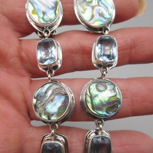May include: A pair of silver dangle earrings with blue topaz and abalone shell accents. The earrings feature a round abalone shell, a rectangular blue topaz, and a smaller round abalone shell.