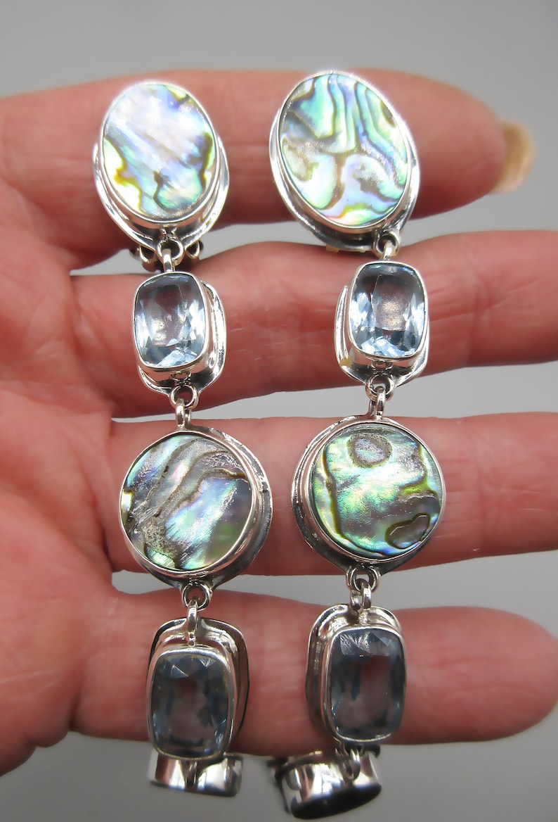 May include: A pair of silver dangle earrings with blue topaz and abalone shell accents. The earrings feature a round abalone shell, a rectangular blue topaz, and a smaller round abalone shell.