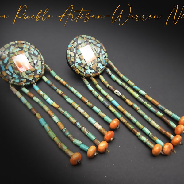 AMAZING! Kewa Pueblo Artist-WARREN NIETO-"Chaco Window-4 Directional Sacred Mountains"-Hand Cut-Mosaic Inlaid-Earthy #8 Turquoise Earrings