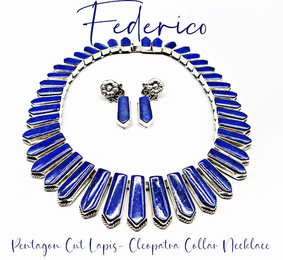 FEDERICO JIMENEZ- Impressive-41 Panel-All Hand Cut "Pentagon" Shaped-Premium Lapis-CLEOPATRA Sterling Collar Necklace/Earring Set-17"