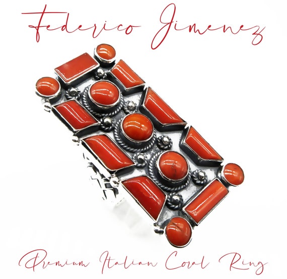 Federico Jimenez-Incredible Multi Shaped Cuts of Premium Italian Red Coral-Long Rectangular Cluster Ring-Adj. Bypass Shank Size 9- 2" Tall