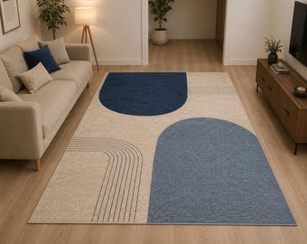Modern Geometric Area Rug, Beige Blue Abstract Carpet, Minimalist Living Room Floor Decor