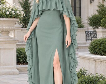 Women Two Piece Cape Top Skirt Set, Pearl Collar Ruffle Evening Outfit, Wedding Guest