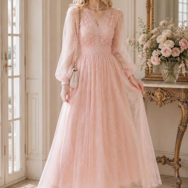 Mesh Long Dress Korean Fairy Slimming Elegant Spring Autumn Fashion Women Sleeve