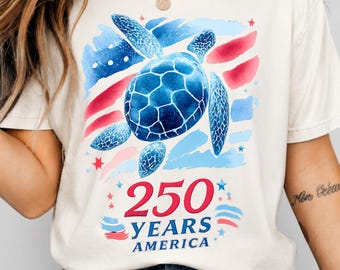250 Years USA Anniversary Turtle Shirt Patriotic Watercolor Cartoon 4th of July America PNG Design