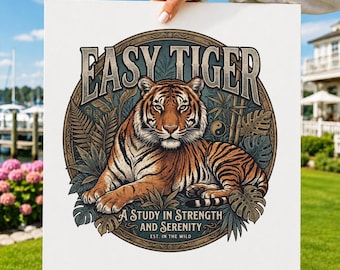 Easy Tiger PNG, grafica per sublimazione con felino selvatico in stile retrò anni '70 (download digitale)