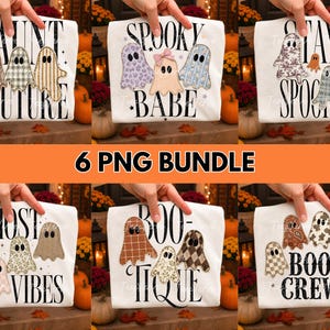 May include: A digital bundle of six white t-shirts featuring various ghost-themed graphic designs. Each shirt displays multiple patterned ghost illustrations with black text including phrases like Haunt Couture, Spooky Babe, Stay Spooky, Ghost Vibes, Boo-tique, and Boo Crew.