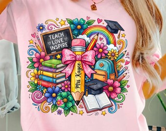 PNG personalizzato per insegnanti, design floreale a matita, grafica personalizzata con nome per maglietta, sublimazione per il primo giorno di scuola.