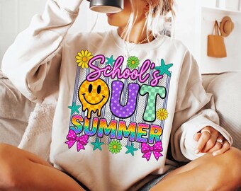 Immagine PNG estiva "School's Out", con fiocco e faccina sorridente, stampa a sublimazione (download digitale)