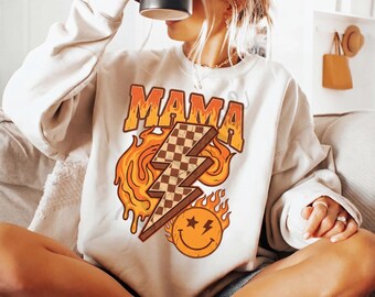 Retro Mama PNG, Flame Smiley Lightning Bolt, grafica per maglietta vintage a quadri (download digitale)