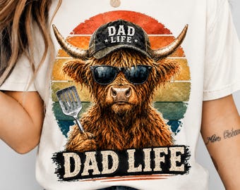 Highland Cow Dad Life PNG, Funny Fathers Day Shirt Design, Retro Western Dad Gift, Vintage Cowboy Bull Sublimation Print