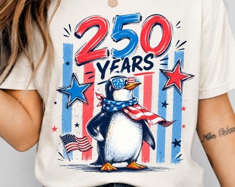 250 Years USA Anniversary Penguin Shirt Patriotic Cartoon 4th of July Freedom America PNG Design