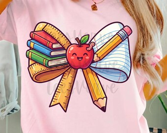 Design PNG personalizzato con il nome dell'insegnante, grafica per maglietta "Ritorno a scuola", grafica personalizzata per sublimazione con fiocco "Primo giorno in classe".