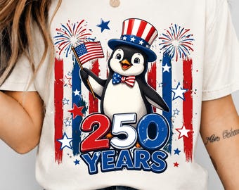 250 Years USA Anniversary Penguin Shirt Patriotic Cartoon Fireworks 4th of July America PNG Design