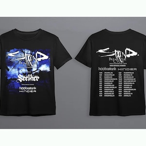 May include: A black short-sleeve t-shirt featuring a front graphic of a blue tree silhouette with the text Staind Break The Cycle 20th Anniversary Tour, Seether, Hoobastank, and Hinder. The back lists tour dates and locations in white text.